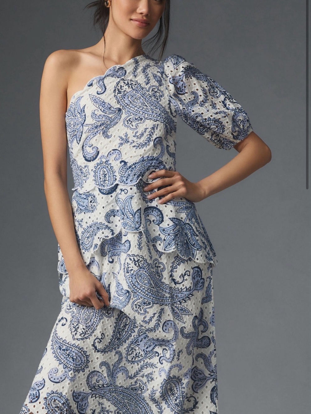 One-Shoulder Blue Paisley Midi Dress